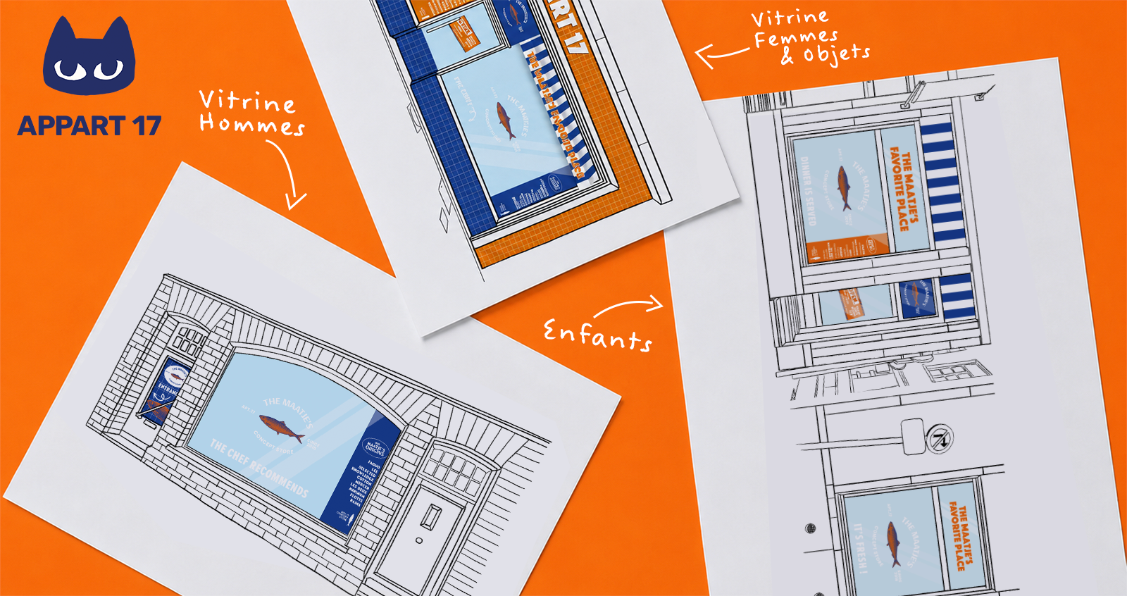 Maquettes préparatoires de la vitrine Appart 17 avec concept de devanture de restaurant de maatjes
