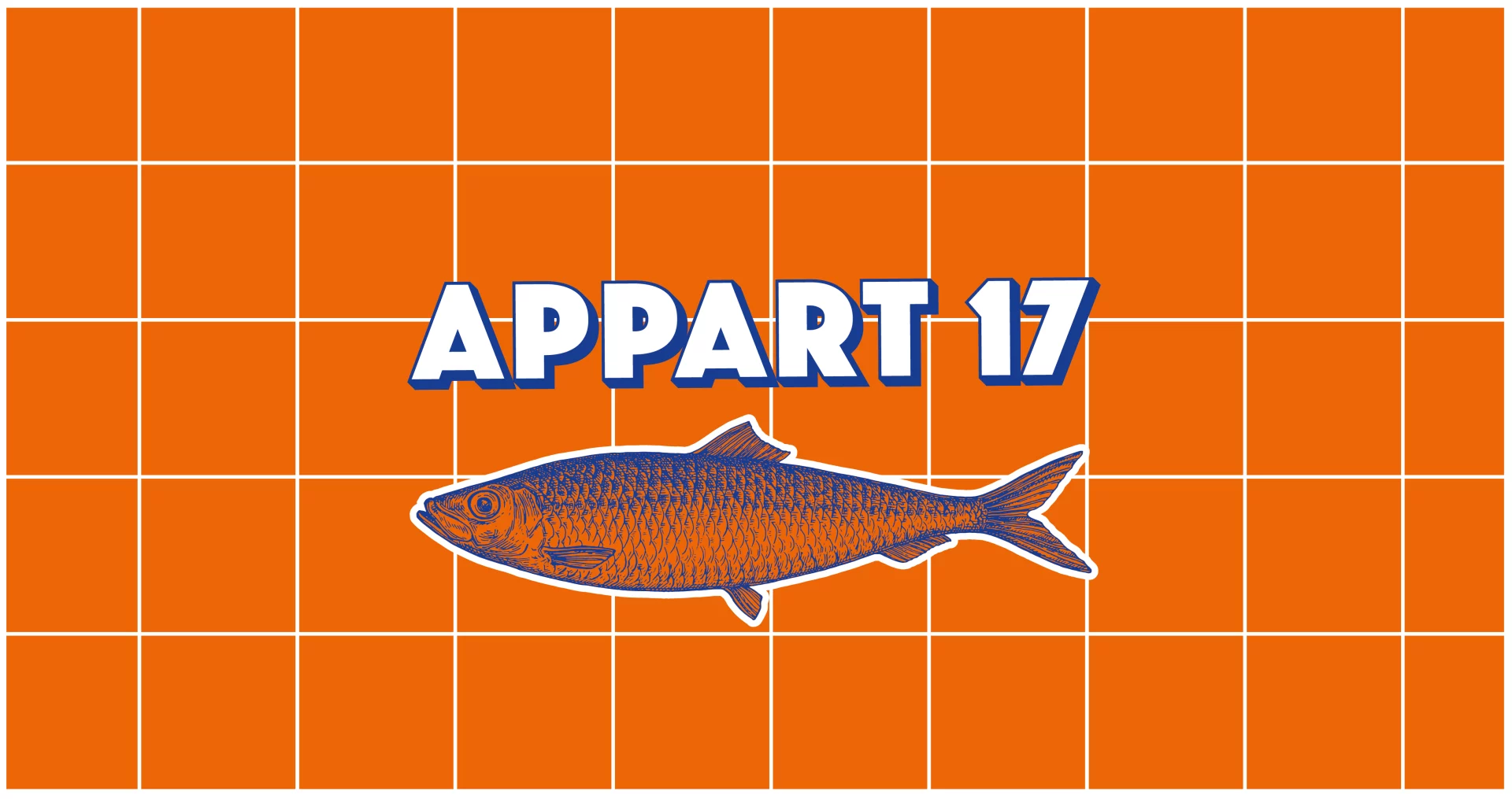 Identité visuelle de la vitrine Appart 17 inspirée d’un restaurant de maatjes sur fond orange quadrillé