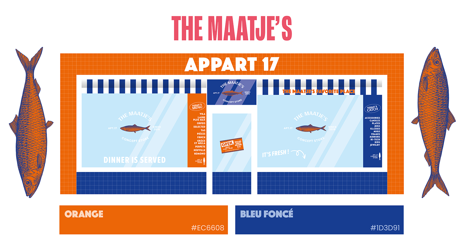 Planche de présentation de la vitrine Appart 17 avec façade, couleurs orange et bleu foncé et illustrations de poissons
