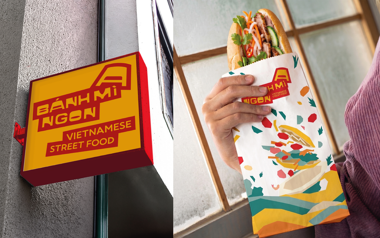 Enseigne Bánh Mì Ngon et emballage de bánh mì aux couleurs de la marque