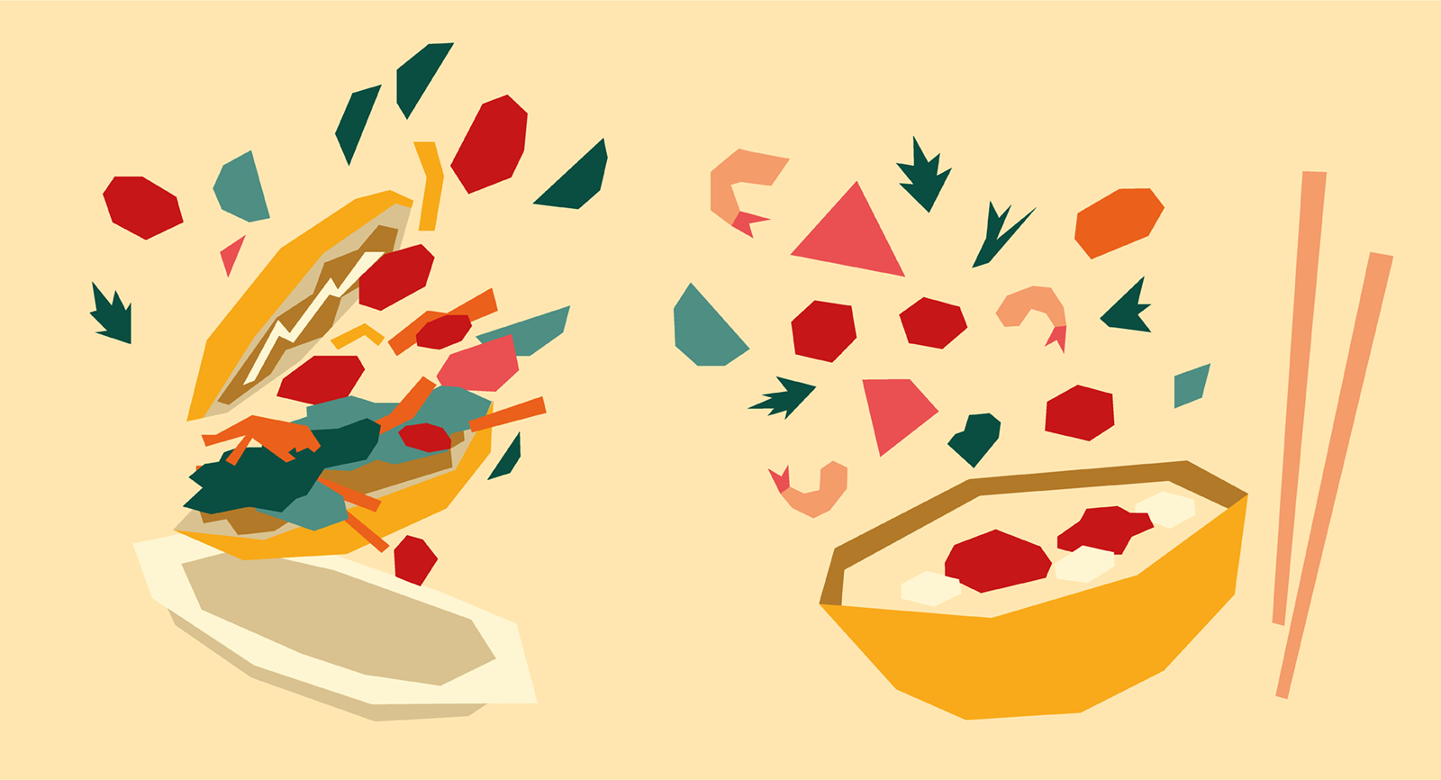 Illustrations graphiques de bánh mì, ingrédients et bols pour Bánh Mì Ngon