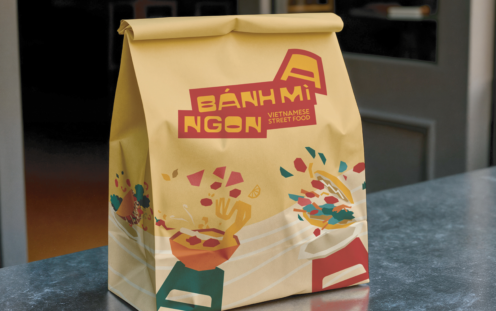 Packaging sac Bánh Mì Ngon avec logo et illustrations de street food vietnamienne