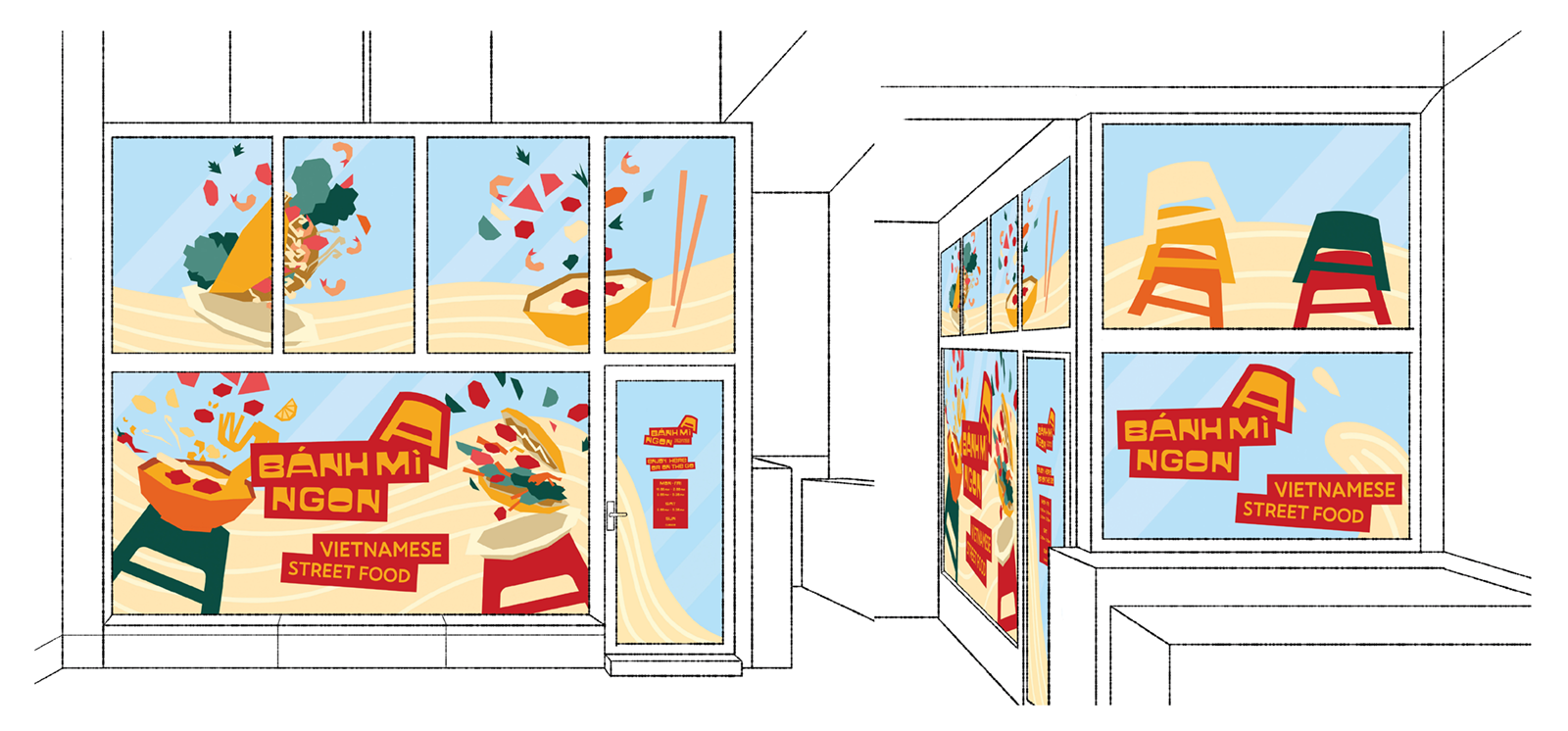 Projet de vitrine Bánh Mì Ngon avec illustrations et identité visuelle