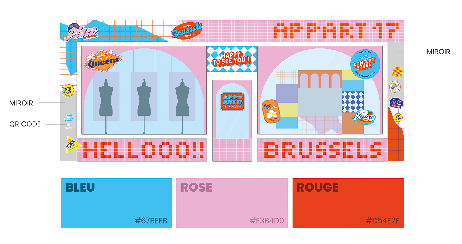 Charte graphique de la vitrine rétro Appart 17 en rose, bleu et rouge