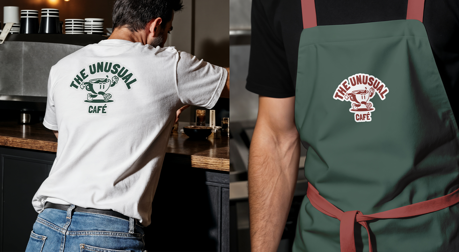T-shirt et tablier The Unusual avec identité visuelle Coffeeman
