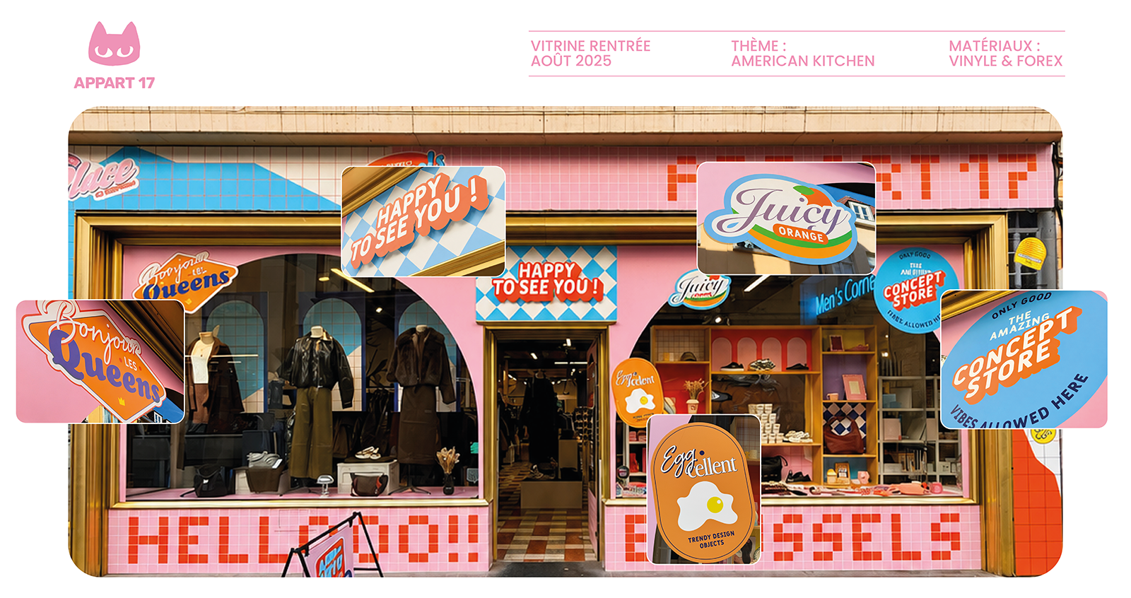 Détails de la vitrine rétro Appart 17 avec stickers et éléments graphiques pop